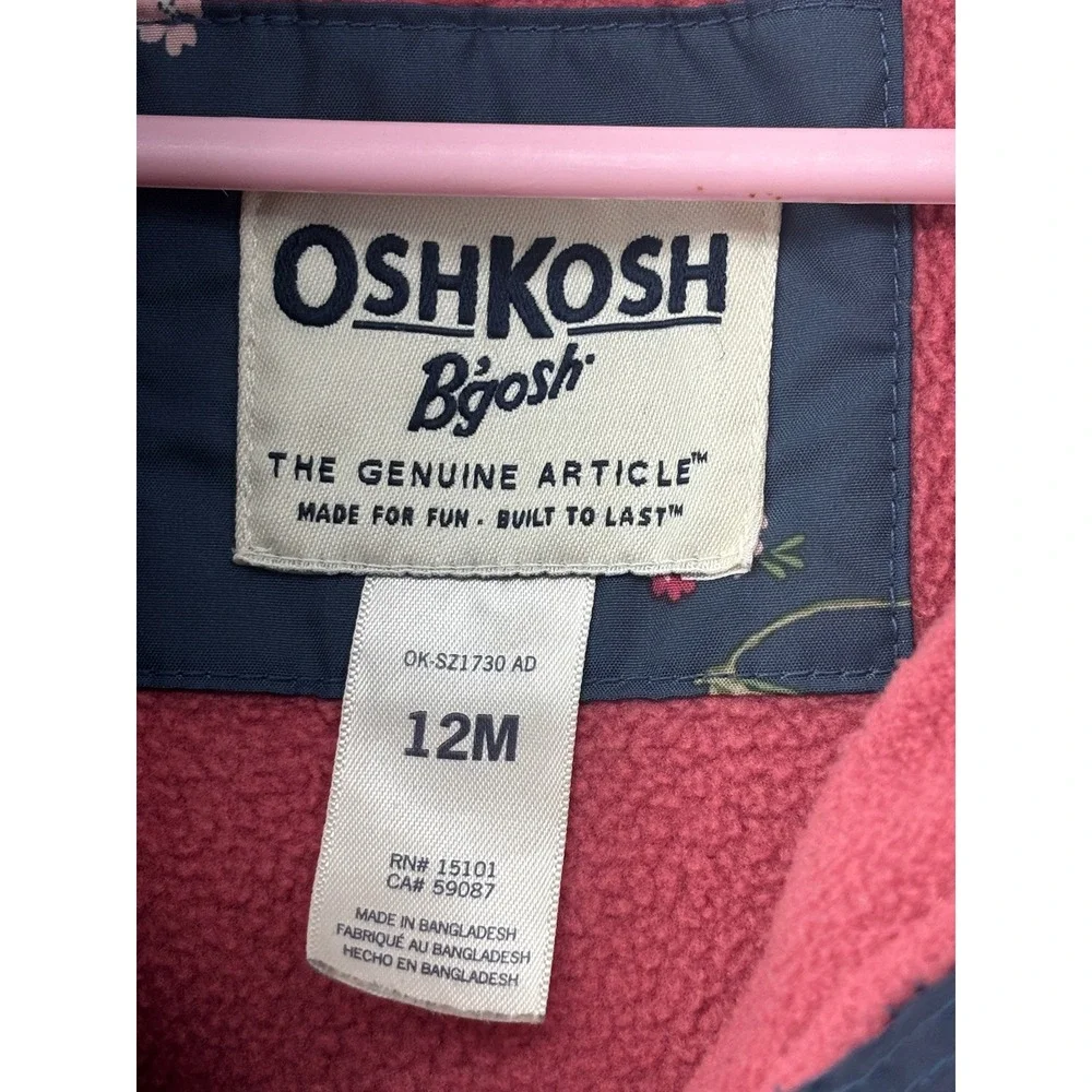 OshKosh Bgosh Girls Navy Blue Cherry Print Hooded Puffer Jacket Fleece Lined 12M